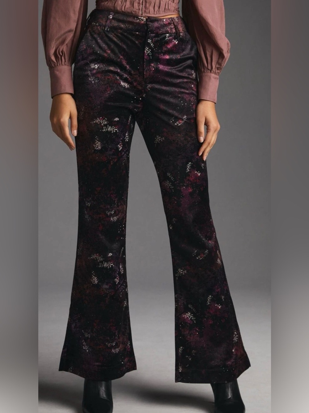Anthropologie Scotch and Soda Women's Printed Velvet Flare Pants — Black & Plum
